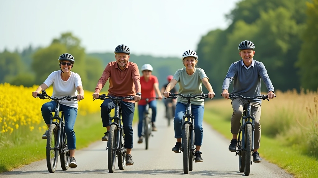 Seniori ar elektrovelo grupas foto
